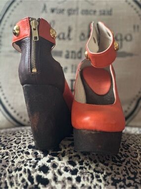AUSSIE DESIGNER Handmade Orange Platform Mary Jane Wedges with Ankle Strap